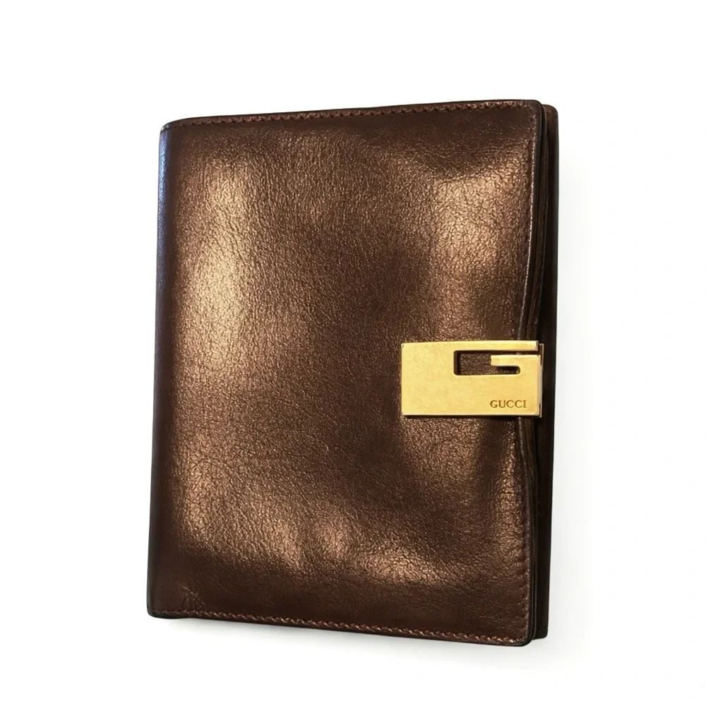 Gucci Vintage Brown Leather Bifold Wallet Gold G Hardware Made in Italy